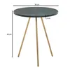 A round, dark green side table with three gold legs, shown against a white background with measurement indicators. Produktbild-Vorschau
