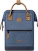 A blue backpack with brown leather accents is shown against a white background. Voir les images du produit