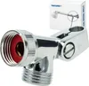 A chrome-plated shower hose connector with a red seal, shown in front of a product box. Produktbild-Vorschau