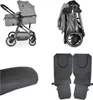 A collage of a grey 2-in-1 stroller, its folded state, and accessories. Produktbild-Vorschau