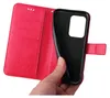 A hand holding a red flip phone case open to reveal the black inner phone holder. Produktbild-Vorschau