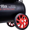 A close-up view of a black air compressor with red wheels and text on its side. Produktbild-Vorschau