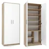 A two-piece image showing a closed white cabinet with wood-effect trim on the left, and the same cabinet open on the right, revealing its shelves. Produktbild-Vorschau