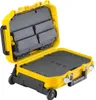 An open yellow tool case with black interior compartments and wheels. Voir les images du produit