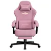 A pink gaming chair with a headrest and lumbar support, shown from the front.