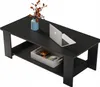 A black coffee table with a shelf underneath, a laptop, a vase with flowers, and a storage box on the shelf. Produktbild-Vorschau