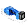 A blue and black electric strapping machine with dimensions indicated by white text and lines. Produktbild-Vorschau