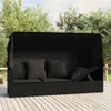 An outdoor lounge bed with a canopy and cushions on a wooden deck, surrounded by trees. Produktbild-Vorschau