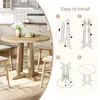 An illustration showing the assembly steps for a round dining table, with a lifestyle shot of the table and chairs in a kitchen setting on the left. Produktbild-Vorschau