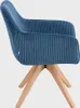 A side view of a blue corduroy chair with wooden legs. Produktbild-Vorschau