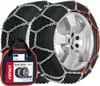A pair of snow chains on tires, with a carrying bag in the foreground. Podgląd zdjęcia produktu