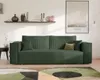 A green sofa is shown in a living room setting with a shelf and a framed picture on the wall. Voir les images du produit
