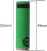 A single green cylindrical battery with silver terminals on a white background, with dimensions indicated by arrows and text. Produktbild-Vorschau