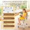 A young girl sits at a desk reading a book in an ergonomic chair, with marketing text and icons highlighting the chair's features. Produktbild-Vorschau