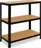 A three-tier black metal shelving unit with brown particle board shelves, shown against a white background. Produktbild-Vorschau