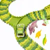 A toy dinosaur race track with a toy car and several toy dinosaurs. Produktbild-Vorschau