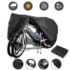 A collage of images showing a black bicycle cover, its features, and icons representing weather protection. Produktbild-Vorschau