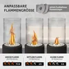 Three tabletop bioethanol fireplaces are shown with different flame sizes, illustrating adjustable flame size using included rings. Text describes the flame sizes and burn times. Produktbild-Vorschau