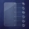 A clear protective film is shown against a textured dark blue background, with dotted lines connecting to icons and text describing its features. Produktbild-Vorschau