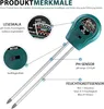 A diagram showing a soil moisture meter with callouts for its features and scales. Produktbild-Vorschau
