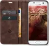 A brown leather flip case for a Samsung Galaxy S7 phone, with cards and a banknote inserted. Produktbild-Vorschau