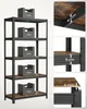 A multi-panel image showcasing a metal shelving unit with wood-look shelves. Close-ups highlight structural details and measurements. Náhled obrázku produktu