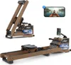 A collage of images showing a wooden rowing machine in different positions, along with a smartphone displaying a person rowing a canoe. Produktbild-Vorschau