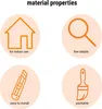 Four circular icons with orange line drawings and text describing material properties. Produktbild-Vorschau