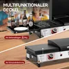 A split image showing a gas grill with bottles and a plate on its side shelf, and the grill with its lid closed. Produktbild-Vorschau