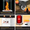 A collage of four images showcasing different features of a gas heater, including its flame visibility, wheels, control panel, and gas cylinder compartment. Produktbild-Vorschau