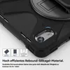 Close-up of a black tablet case with a camera cutout and some marketing icons and text. Produktbild-Vorschau