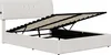 A white upholstered bed frame with the mattress support mechanism open, revealing storage space underneath. Produktbild-Vorschau