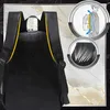 A black rucksack with yellow trim, shown from the back, with two inset diagrams highlighting ergonomic features. Anteprima dell’immagine prodotto