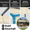 A collage of images showing features of a pergola, including close-ups of its construction and a lifestyle shot of people using it. Voir les images du produit