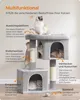 A multi-level cat tree with cats interacting with its features, accompanied by descriptive text in German. Produktbild-Vorschau