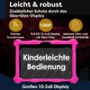 A pink tablet in a protective case, displayed in front of a blurred background of theater seats. Text overlays highlight product features. Produktbild-Vorschau