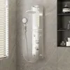 A modern bathroom with a grey marble tiled wall, featuring a silver shower panel with water running from the showerhead and handheld shower. Anteprima dell’immagine prodotto