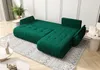A green sectional sofa with a chaise lounge is displayed in a room with a rug and a small side table. Voir les images du produit
