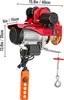 A red electric hoist with dimensions indicated by measurement lines and text. Podgląd zdjęcia produktu