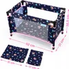 A doll's travel crib with bedding, shown with dimensions indicated by measurement lines and text. Produktbild-Vorschau