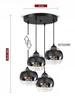 A black pendant light fixture with four transparent glass globes hanging from a circular ceiling plate. Produktbild-Vorschau