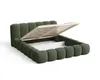 A green upholstered bed frame with the mattress support mechanism open, revealing storage space underneath. Voir les images du produit