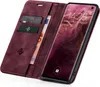 A burgundy flip case wallet for a smartphone, open to reveal the phone screen and card slots. The phone screen displays the time and date. Produktbild-Vorschau