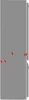 A side view of a gray refrigerator with red arrows pointing to different areas. Produktbild-Vorschau
