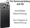A black smartphone with camera lens protectors and text describing its features. Produktbild-Vorschau