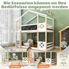 A multi-panel image showcasing a children's bunk bed in different configurations, with text overlays and diagrams. Produktbild-Vorschau