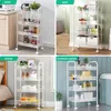 Collage of four images showing a white rolling storage cart in different settings: kitchen, salon, bedroom, and bathroom. Produktbild-Vorschau