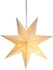 A white paper star lantern with small cutouts, illuminated from within, hanging from a thin string. Voir les images du produit