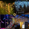 A collage of four images showing outdoor string lights in different colors and settings, including a remote control and app interface. Produktbild-Vorschau