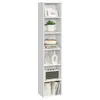 A tall, narrow, white bookshelf with items on each shelf. Produktbild-Vorschau